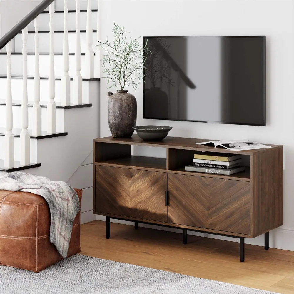 Izsak Wood Media Console, TV Stand, Entertainment Cabinet with Herringbone Doors and Cubby Storage in a Rustic Dark Finish