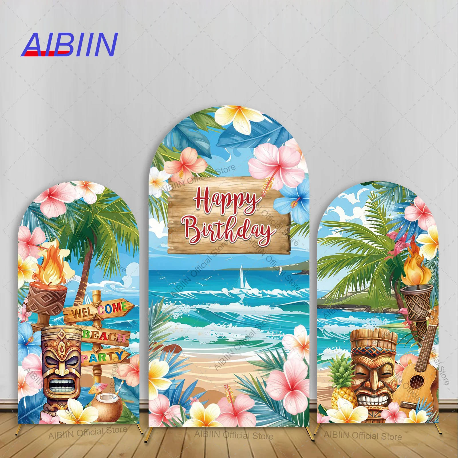 Hawaii Luau Happy Birthday Arch Backdrop Cover Summer Tropical Beach Tiki Pineapple Palm Tree Cake Party Decor Background