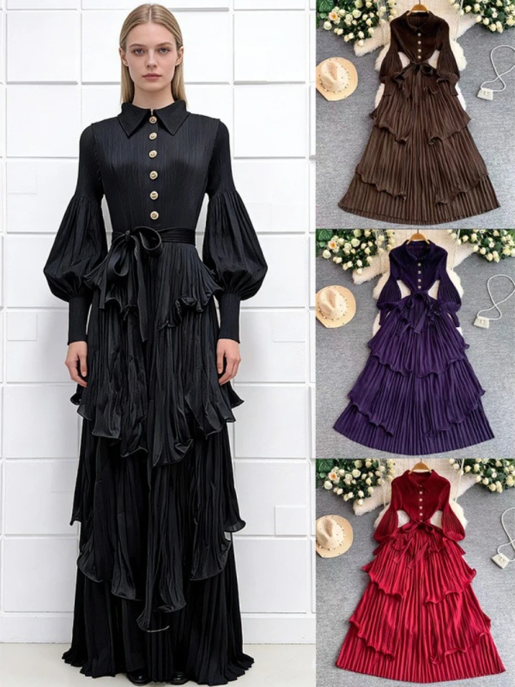 ANLAN Pleated Dress New Miyaki Heavy Industry Wood Bead Lapel Lantern Sleeve Ruffles Cake Skirt 2026 Women's Clothing 5AN9019