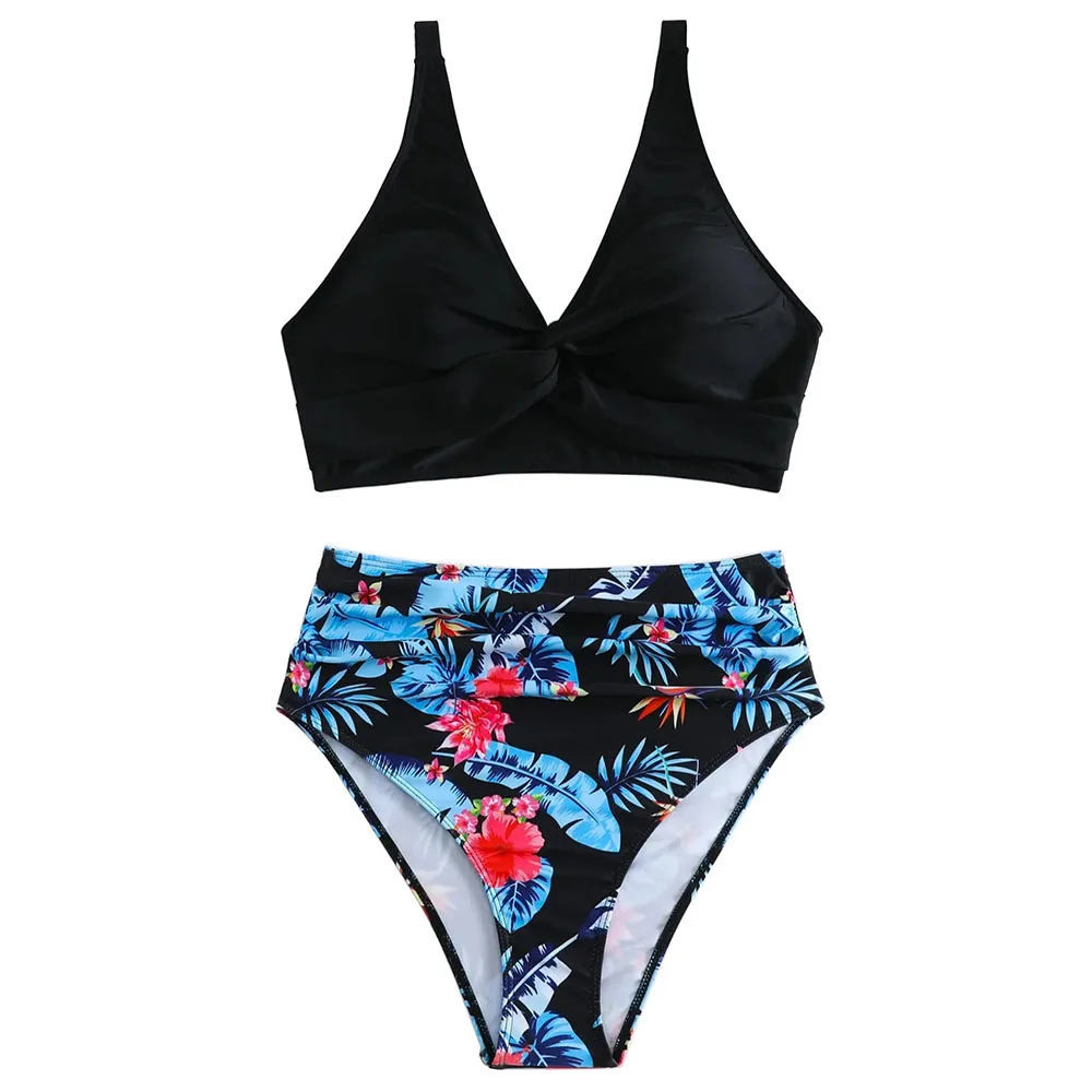 Tropical Print V Neck Bikini Sets, Twist Front Top & High Waist Panty Swimsuit Two Piece Set, Women's Swimwear & Beachwear