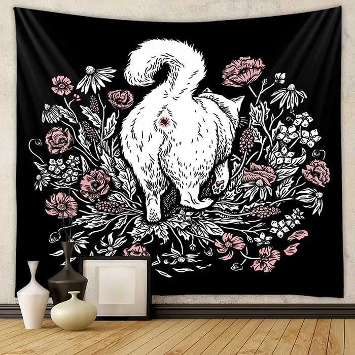 Cartoon Cat Tarot Tapestry Wall Hanging Mysterious Psychedelic Witchcraft Tapiz Hippie Kawaii Home Decor