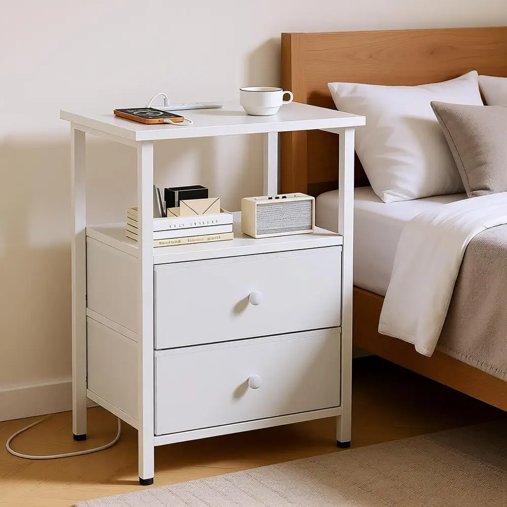 

Nightstand Charging Station, Bed End Table with Fabric Drawers, Bedroom Side Table with USB and Outlets (White)