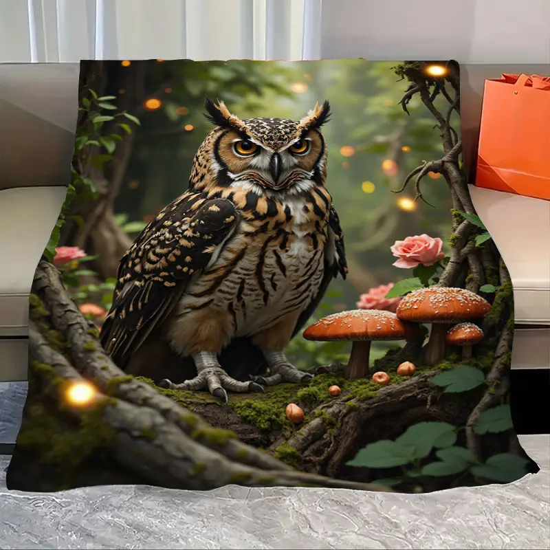 

1pc Flannel Blanket Enchanted Forest Owl Blanket with Mushrooms and Roses, Cozy Wildlife Design
