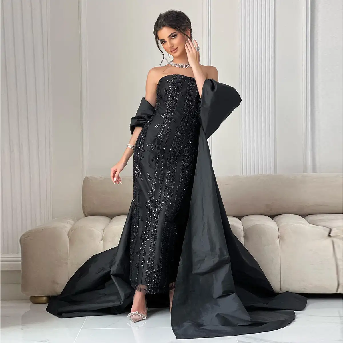 Scoggins فساتين سهرة Customize Evening Dress Luxury Blue Strapless Arabic Floor-Length Zipper Up With Cape Dubai Party Gowns