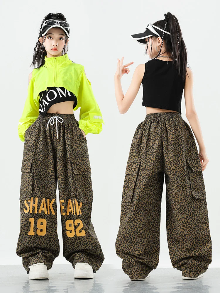 เด็กKpop Hip Hopเสื้อผ้าสีเขียวCrop Jacket Topเสือดาวพิมพ์ตัวอักษรลําลองกางเกงสําหรับGirl Boy Jazz Danceเสื้อผ้าเครื่องแต่งกาย