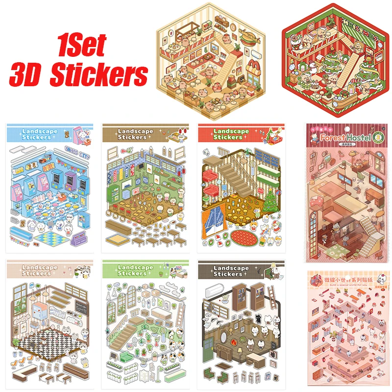 6Styles Creative 3D Simulation Cabin Stickers Cute Cartoon Handmade DIY Landscaping Stickers Scene Capybara Pasting Stickers