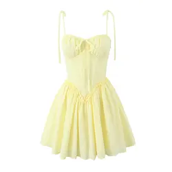2024 Sexy Yellow Hollow out Embroidery Lace Cotton Corset Style Bow Sling Dress Women Low Waist Ball Gown Swing Mini Party Robe