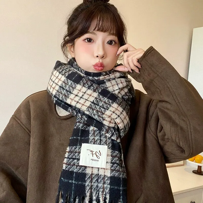 Women Winter Warm Plaid Scarf Soft Knitted Long Tassel Fringe Shawl Checkered Check Houndstooth Grid Neckerchief Wrap Oversized Fashion Scarves Cold Weather Accessories Plus Size Holiday Party Gift Fall Autumn Trendy Ladies Retro Vintage Thick Fluffy