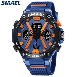 SMAEL Sport Watches Male Clock Digital LED Display Quartz Analog Stopwatch Fashion Blue Orange Clock Waterproof Men Watch