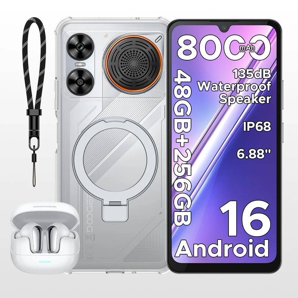 Teléfono Inteligente DOOGEE M30 con Altavoz de 135dB, Android 16, Batería de 8000mAh, Pantalla de 6.88'', 48GB de RAM (6GB + 42GB), 256GB de ROM, UNISOC T7280, NFC
