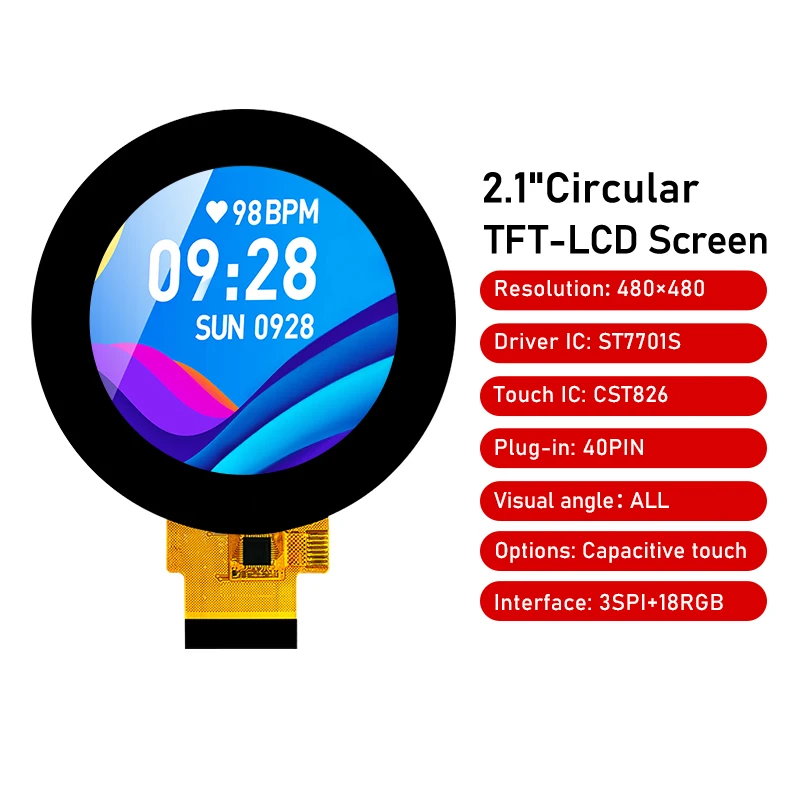 2.1-inch circular LCD IPS display screen 480 * 480 ST7701 driver LCD color TFT capacitive touch 40pin