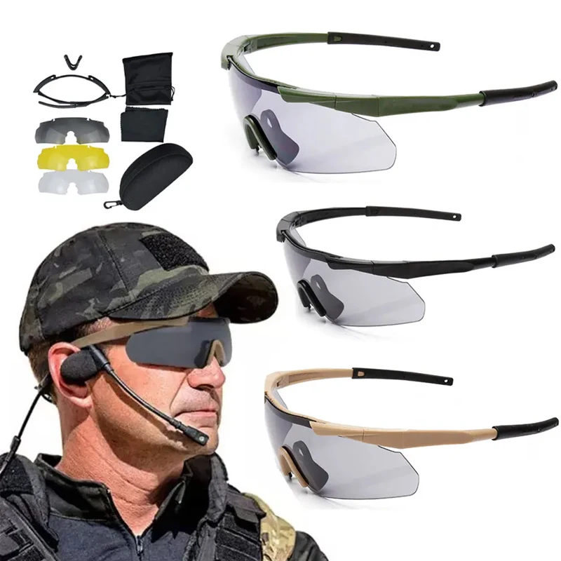 Military Tactical Goggles CS Airsoft Windproof Shooting Glasses HD 3 Lens Motocross Motorcycle Mountaineering Safe Glasses