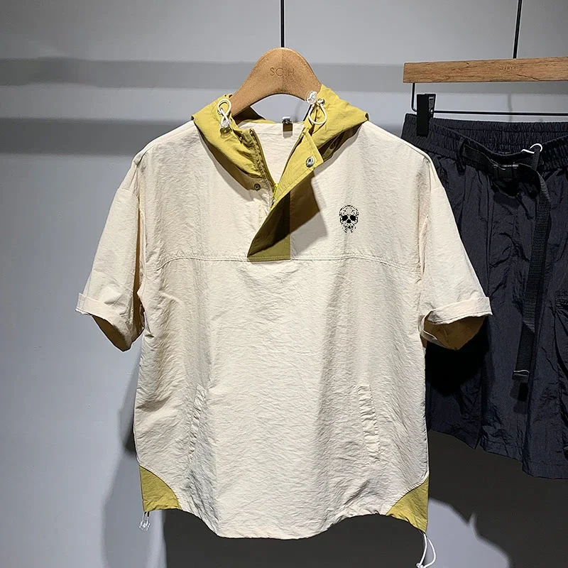 Men's Golf T-shirt Loose Drawstring Tooling Hooded Top Men's Summer Stitching Shoulder Short Sleeve T-shirt Fashion Golf Wear