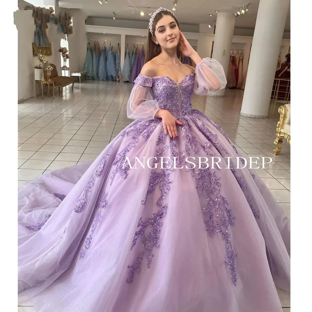 أرجواني رائعة فساتين Quinceanera قبالة الكتف ، أكمام طويلة ، الديكور ، حفلة عيد ميلاد ، حفلة موسيقية الكرة ، لون الحلوى ، 15 سنة