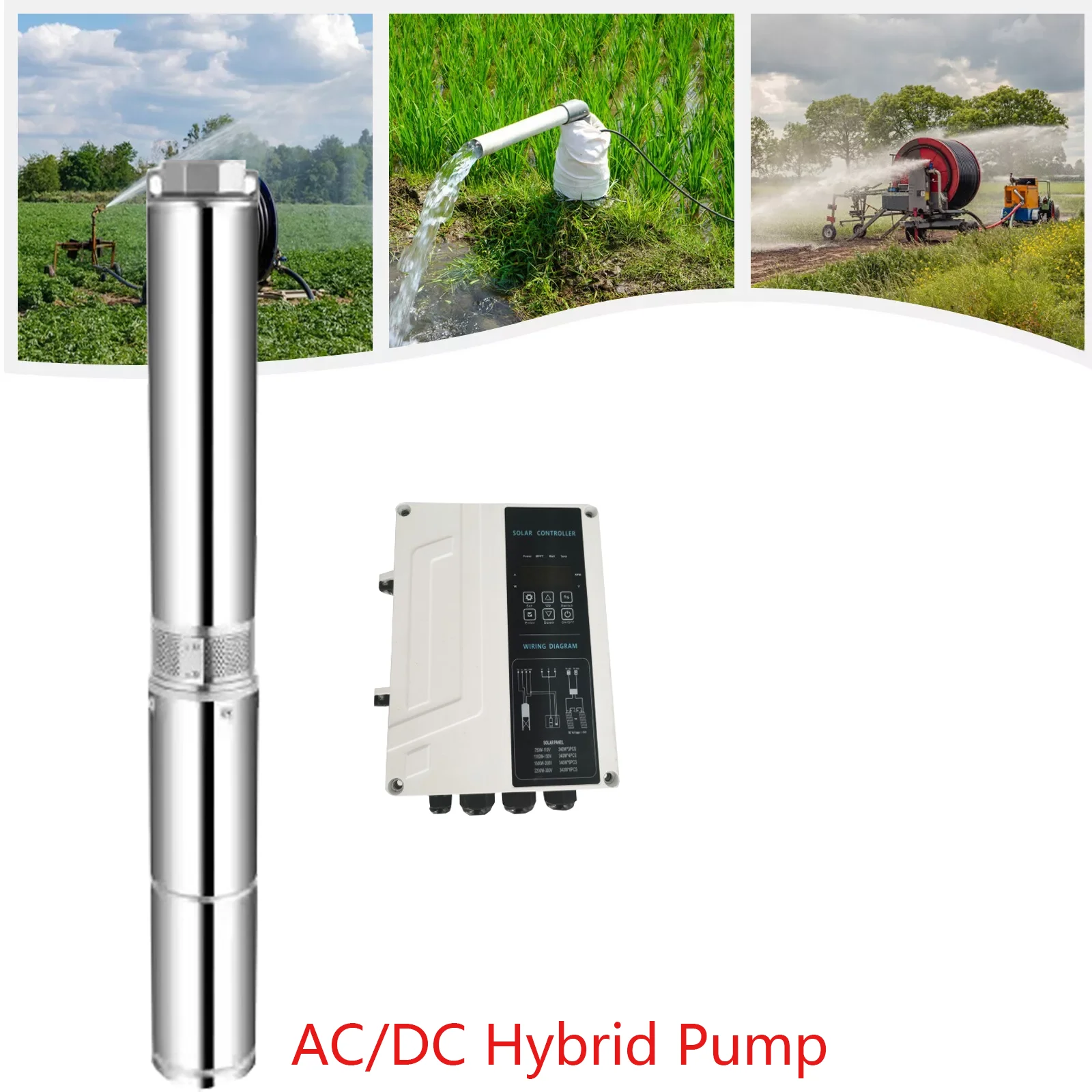 2800W 4HP Solar DC/AC Hybrid Deep Well Pump With MPPT Controller Solar Submersible Well Pump Max Head 190M Flow Rate 8T/Hour