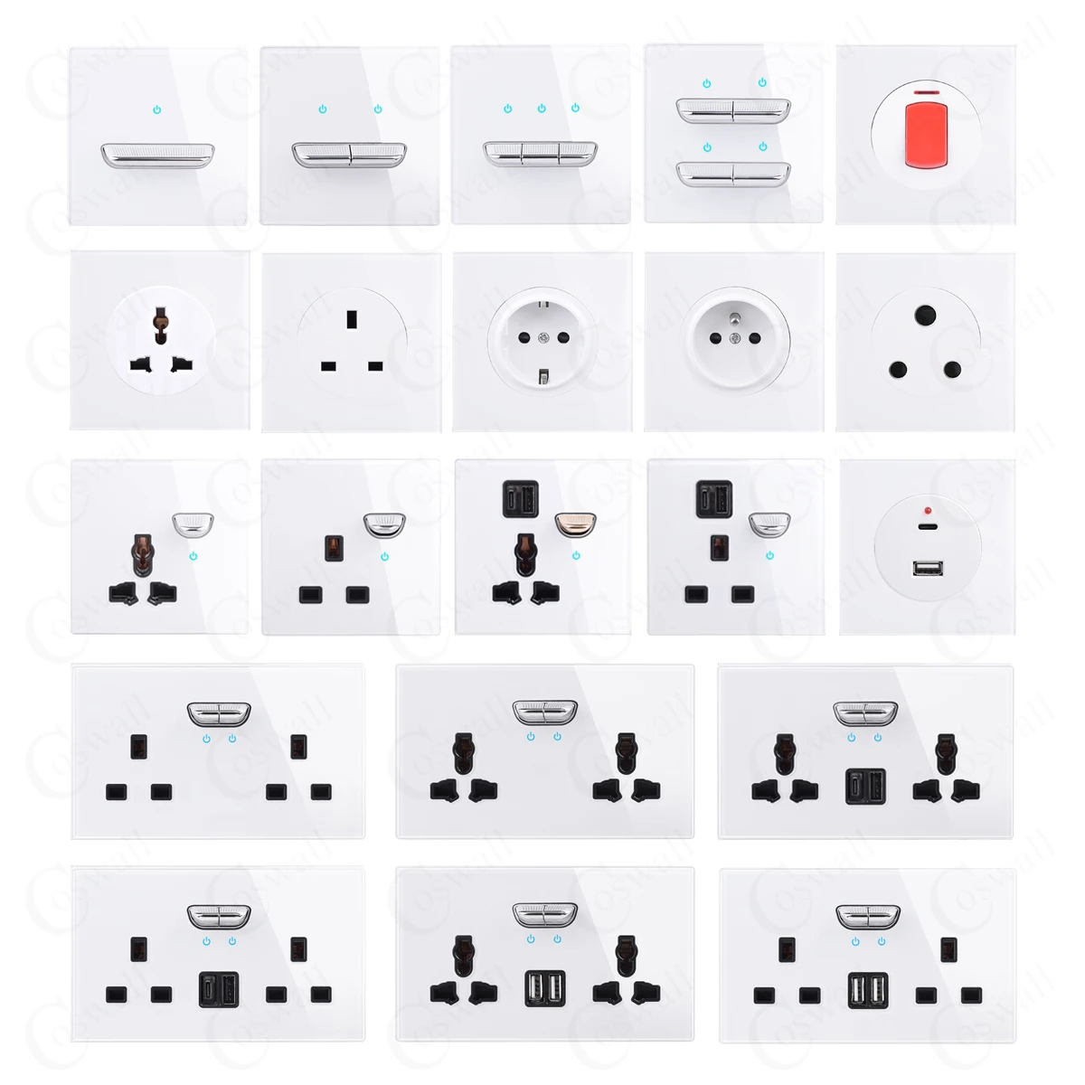 COSWALL 1/2/3/4 Gang 1/2 Way Toggle On / Off Wall Light Switch Blue Backlight Data CAT6 HDMI USB Charging Glass Panel White