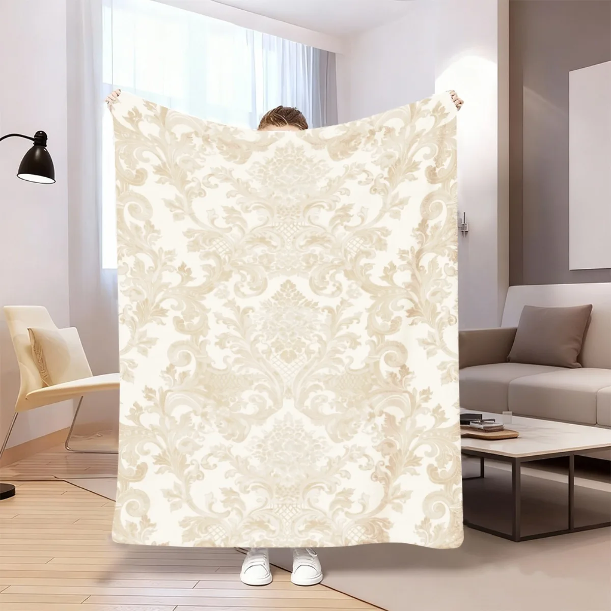 1pc Ornate Cream Beige Damask Scroll Pattern Flannel Sofa Blanket Anti-Fade, Breathable, Machine Washable Experience The Ultimat