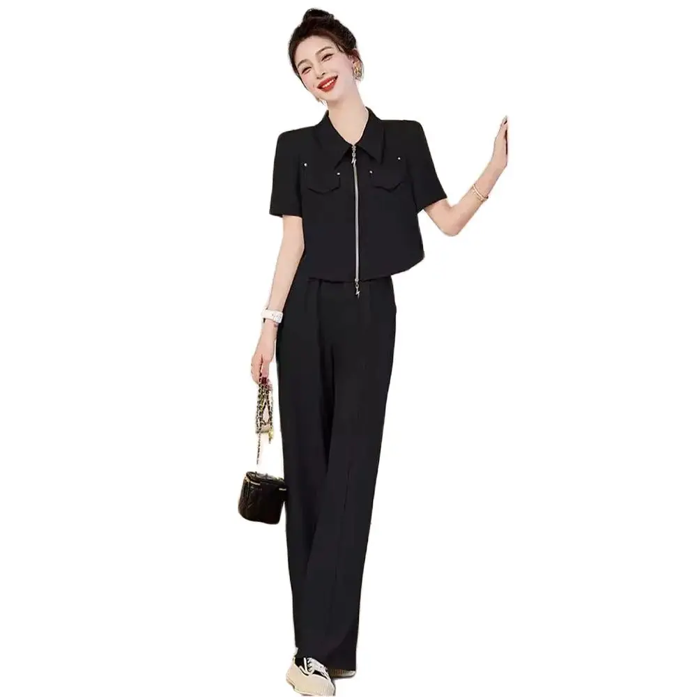 Summer New Fashion Fried Street Light Cooked Temperament High Sense Suit Women's Shirts Wide-leg Pants Casual Two-piece Suit Tid