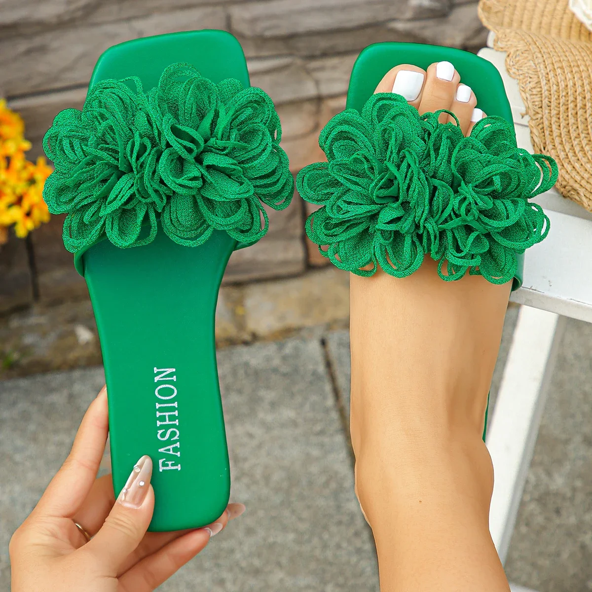 

Designer Slippers Women's Flat Sandalias Fashion Flower Decoration Women's Slippers Summer Open-toe Casual Walking Flat Slippers
