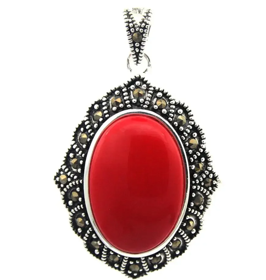 

VINTAGE 925 STERLING SILVER RED CORAL MARCASITE PENDANT 27x43MM