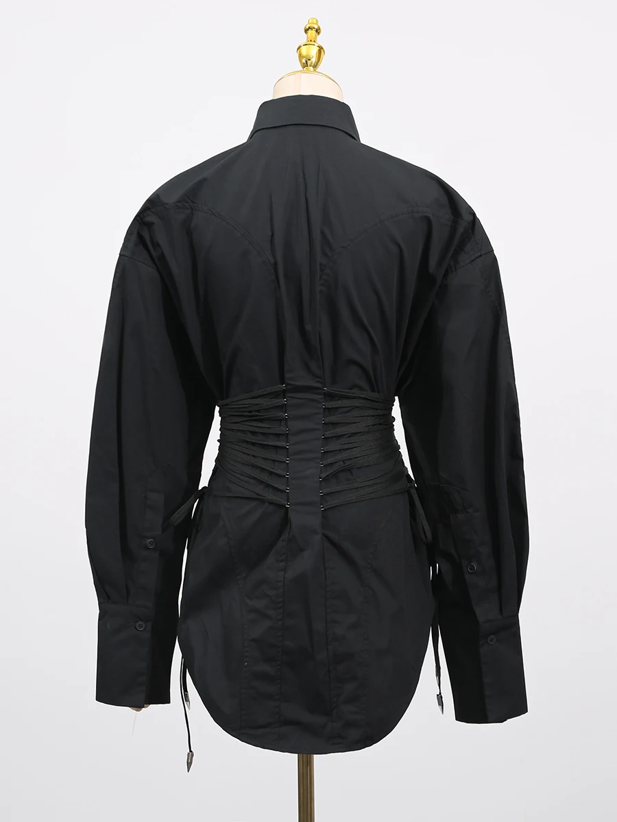 TWOTWINSTYLE Waist Strap Shirt For Women  Fashion Women\'s Niche Design Solid Color Long Sleeve Shirt Top Female 2024 Autumn New