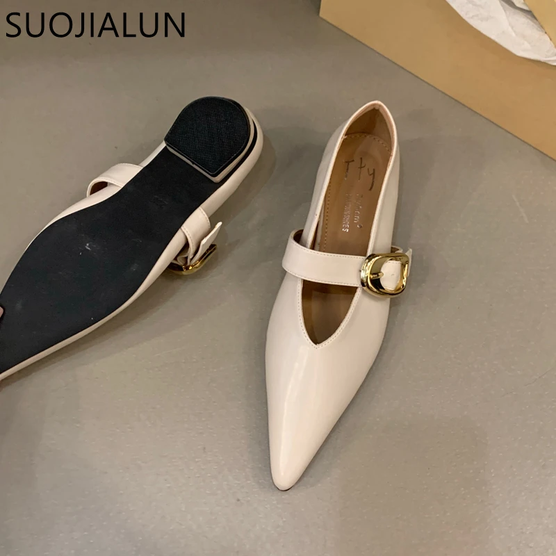 SUOJIALUN Women Flat Shoes Fashion Pointed Toe Shallow Slip On Ladies Dress Ballet Shoes Flat Heel Ladies Casual Mary Jane Shoes