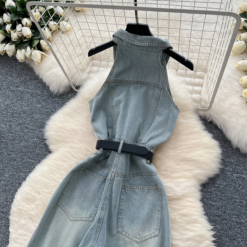 Women Denim Jumpsuit Skinny Single Breasted Casual High-waisted Summer Button Turn-down Collar Wide-leg Jumpsuits Rompers