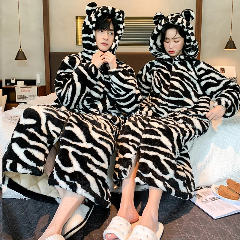 Zebra Stripes Couple Robes Winter Warm Kimono Bathrobes Gown Three-Layer Lengthened Nightgown Coral Fleece Hooded Household Wear