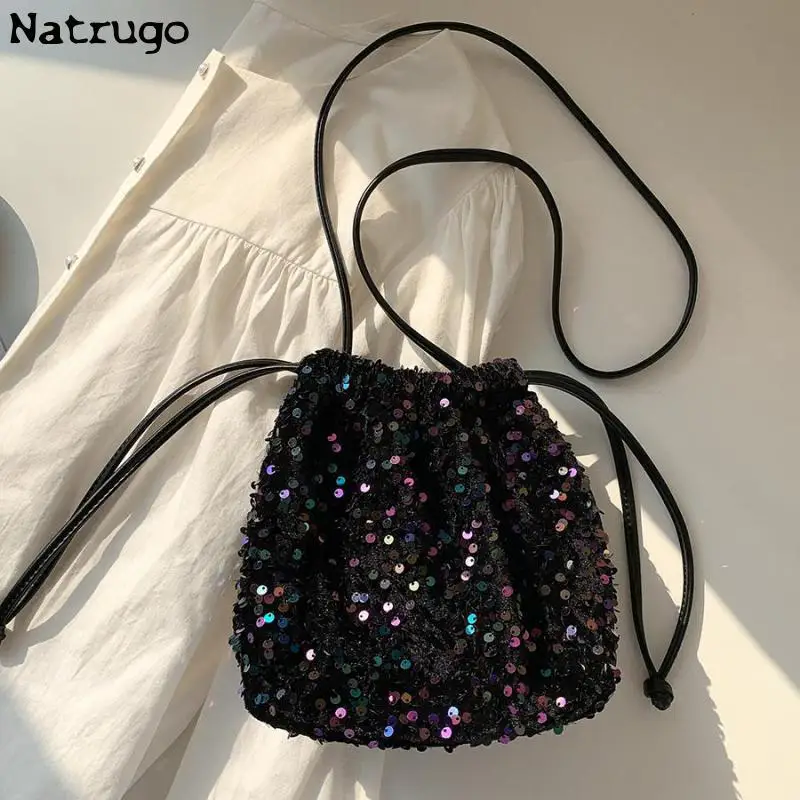 New Sequin Bucket Crossbody Bag Women Chain Phone Bag Satchels  Girls Decor Hangbag Luxury Designer Small Shoulder Bag