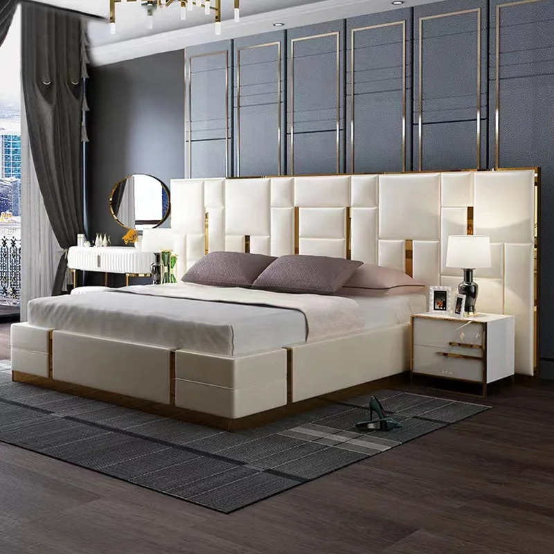 

Modern Luxury Hotel Leather Bed Double King Queen Size Wooden Bed With Headboard