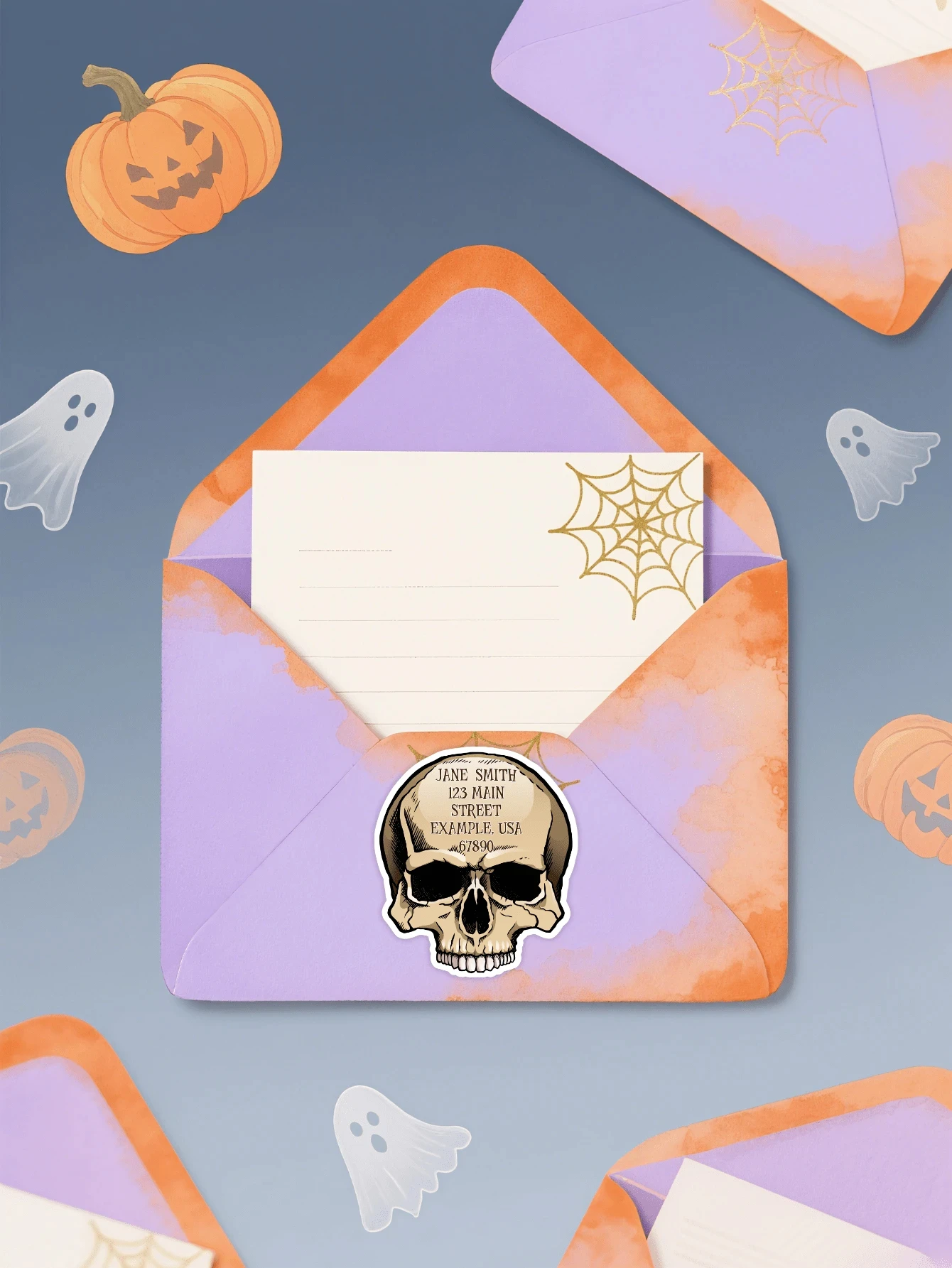 Etichette per indirizzi personalizzate 6 * 6,8 cm, adesivi per indirizzi a forma di teschio spettrale da 3-40 pezzi, adesivi postali personalizzati per il ritorno di Halloween