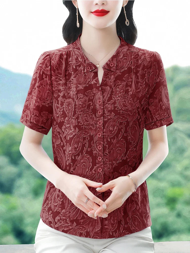 여름 반팔 중년 및 노년층 어머니 의류 패션 프린트 루즈 쉬폰 여성 블라우스 셔츠