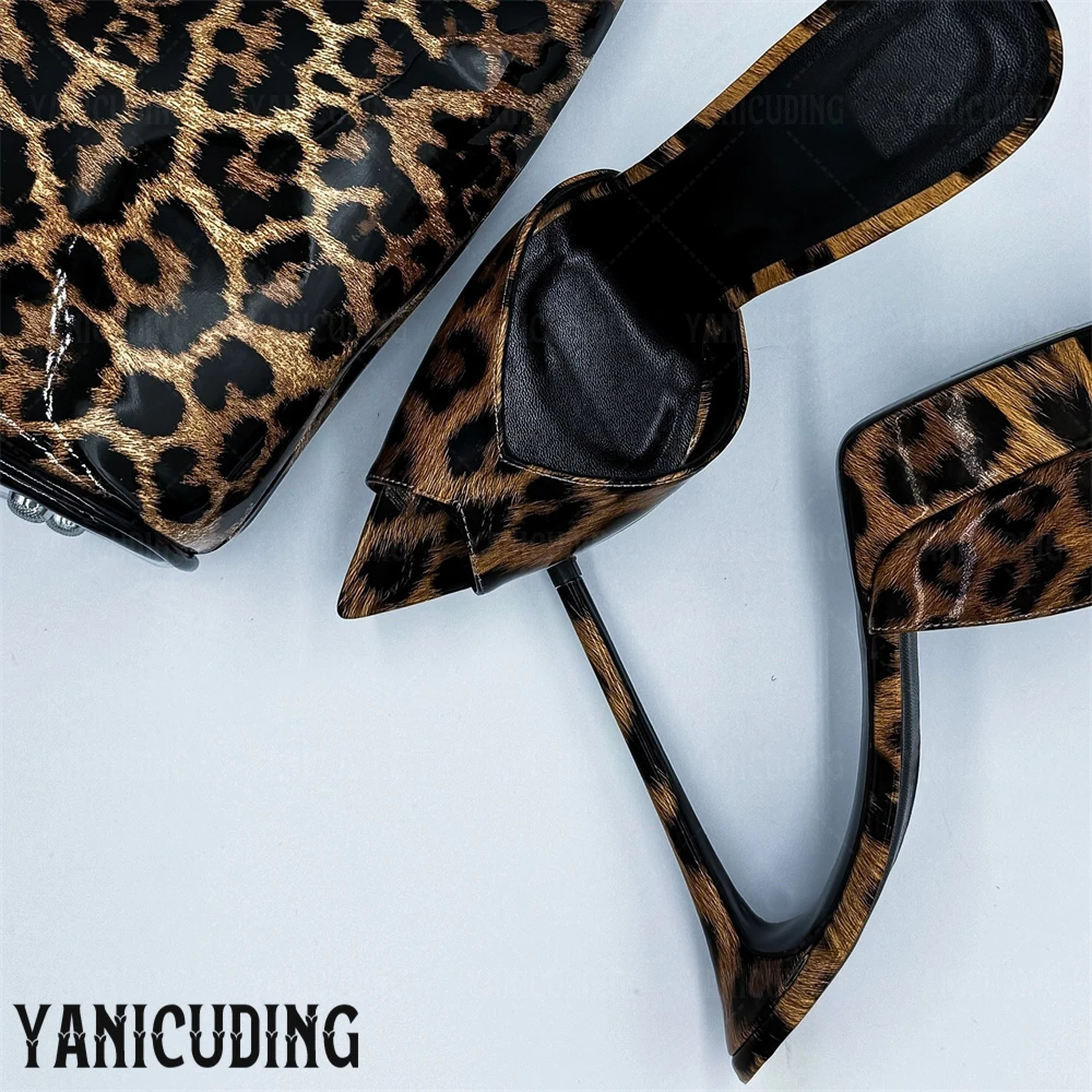 Leopard Print Patent Leather Platform Mules Sexy Pointed Toe Stilettos Fashionable Style Summer High Heeled Slippers for Women #3