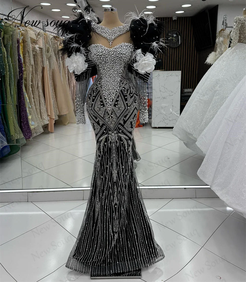 

Black Long Sleeves Evening Dresses Luxury Mermaid Beading Feathers Birthday Party Second Reception Gowns Prom Dress Customized