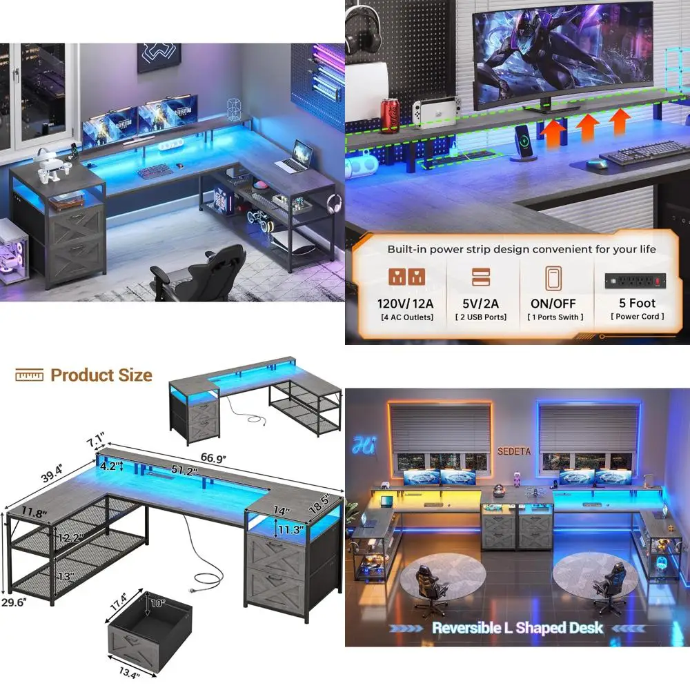 L-Shaped Desk with Storage, LED Gaming Desk, Computer Desk with Drawers and Power Outlet, Reversible Office Desk with Shelves