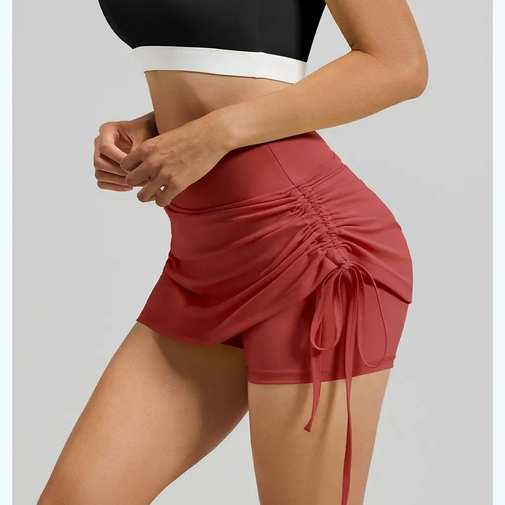 High Waist Sports Short Skirt Solid Color Side Drawstring Yoga Shorts Leisure Faux Two Piece Running Shorts Pants Badminton