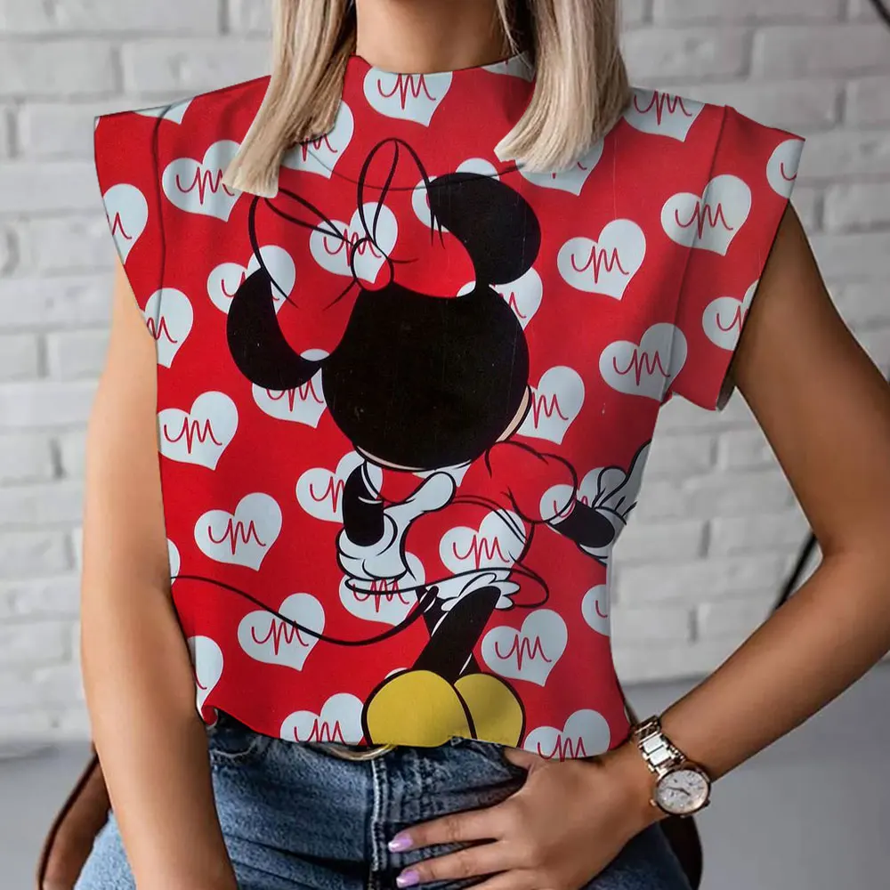 

2024 Summer New Donald Duck Mickey Cartoon Pattern Print Women's Harajuku Fashion Casual Slim High Neck T-shirt Tops