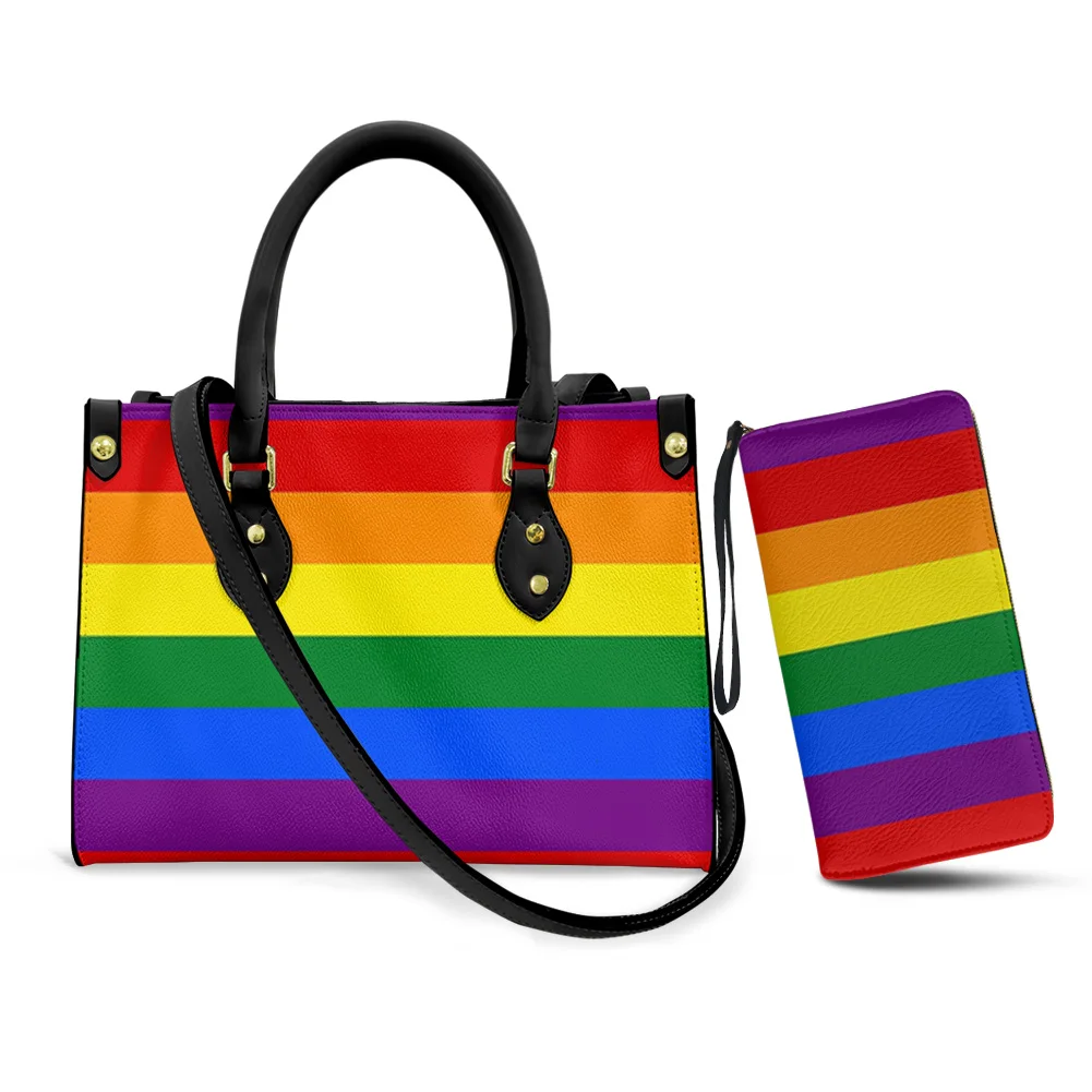 

Belidome Women's 2pcs Handbags Wallet Rainbow Pride Stripes Leather Luxury Tote Bags Shoulder Bag Top Handle Satchel Purse Set