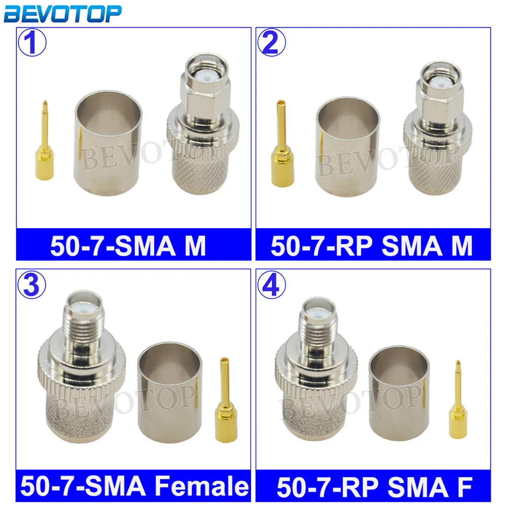 10Pcs/Lot SMA/RP-SMA Male/Female 50-7 RF Coaxial Connector 50Ohm Crimp SMA Connector for LMR400/RG213/RG8/RG214/7D-FB Cable