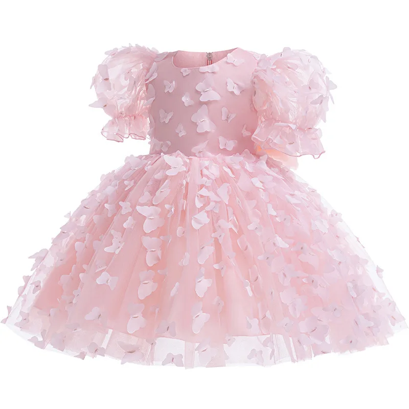 Girls 3D Butterfly Bubble Sleeves Princess Dress Children\'s Fashion Lace Dress Carnival Banquet Performance Clothing