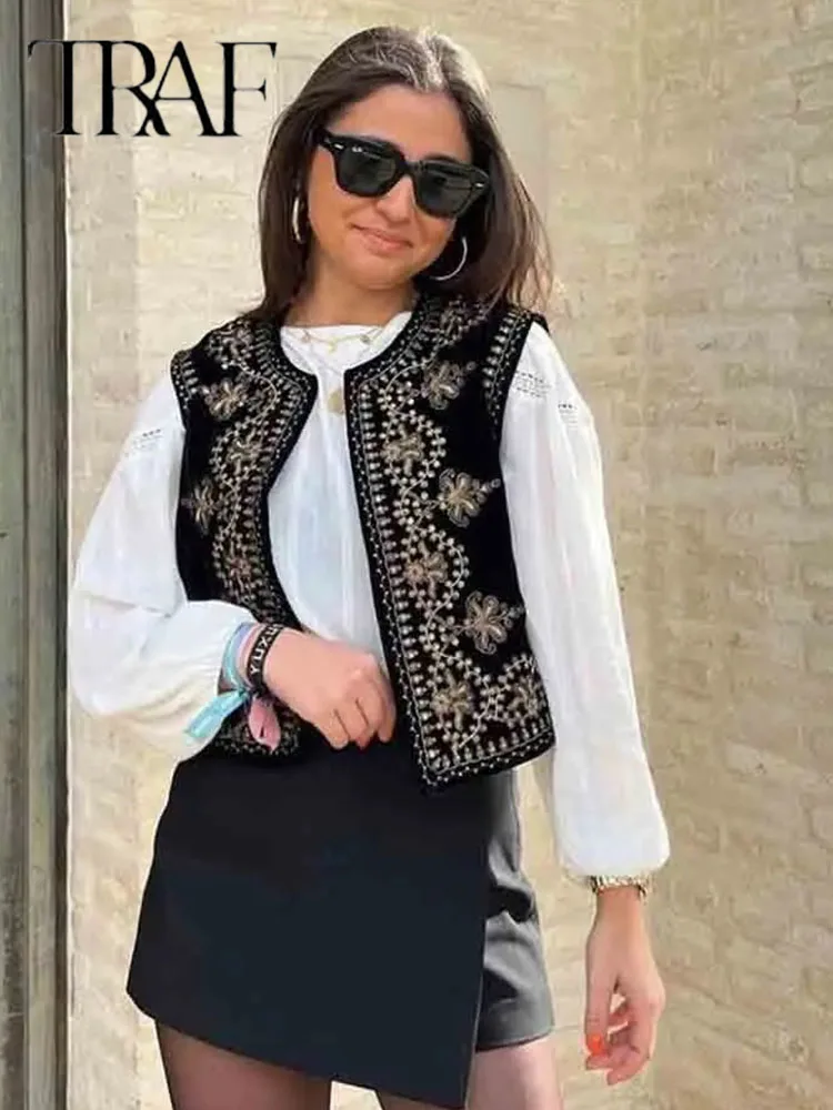 TRAF Vintage Autumn Velvet Embroidered Vest Sleeveless Jacket Women V Neck Chic Waistcoats Female Fashion Vests Coat 2023