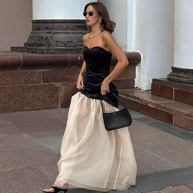 

Talenza Elegant Strapless Backless Long Dress Women's Sexy Tube Top Color Block A-Line Dress High Waist Sleeveless Evening Gown