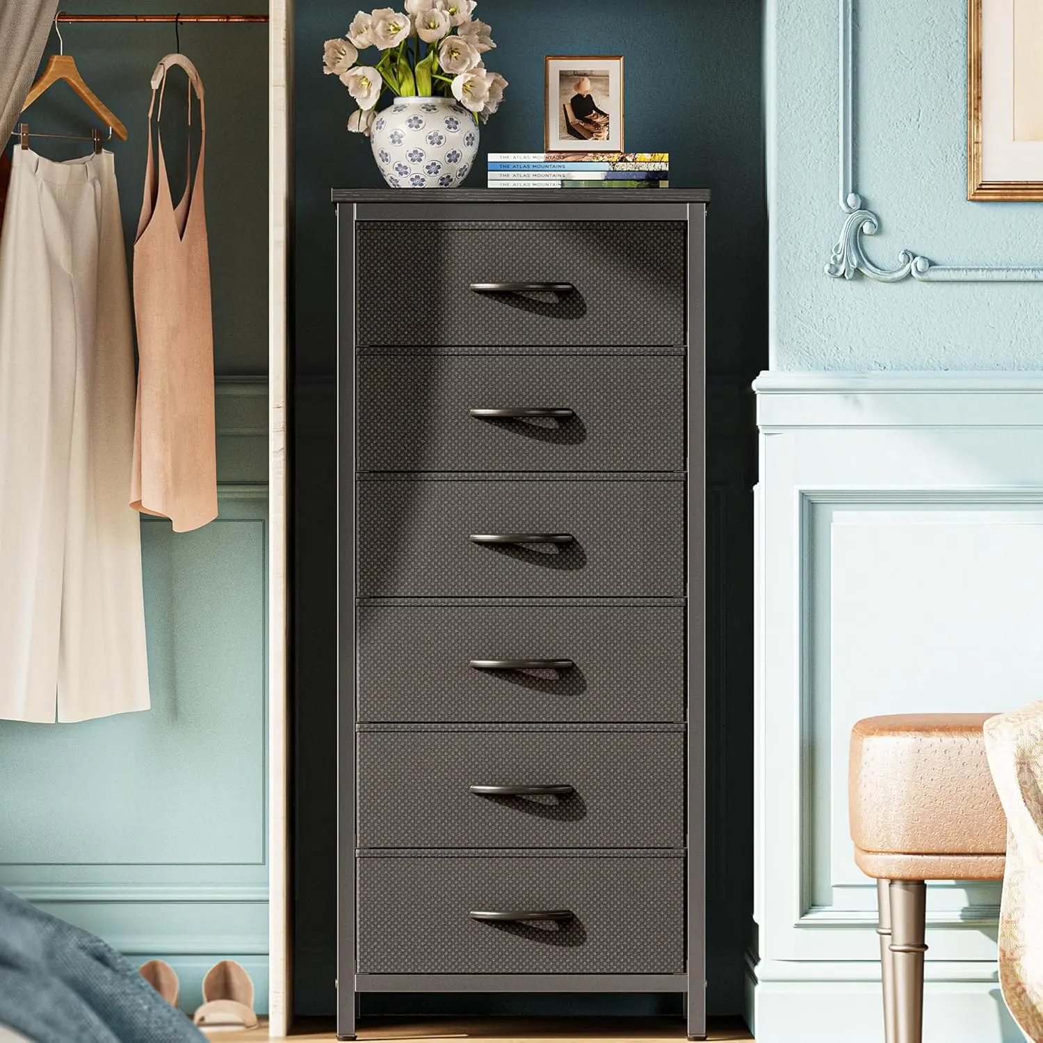 

Tall Dresser for Bedroom, 6 Drawer Dresser & Chests of Drawers, Fabric Dresser for Closet, Bedroom, th Fabric Bins, Black