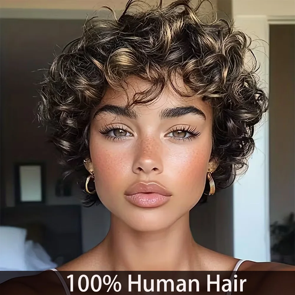 

Curly Pixie Cut Wig For Women 100% Human Hair Full Machine-Made Natural Realistic Breathable Rose-Patterned Inner Net Soft Cap