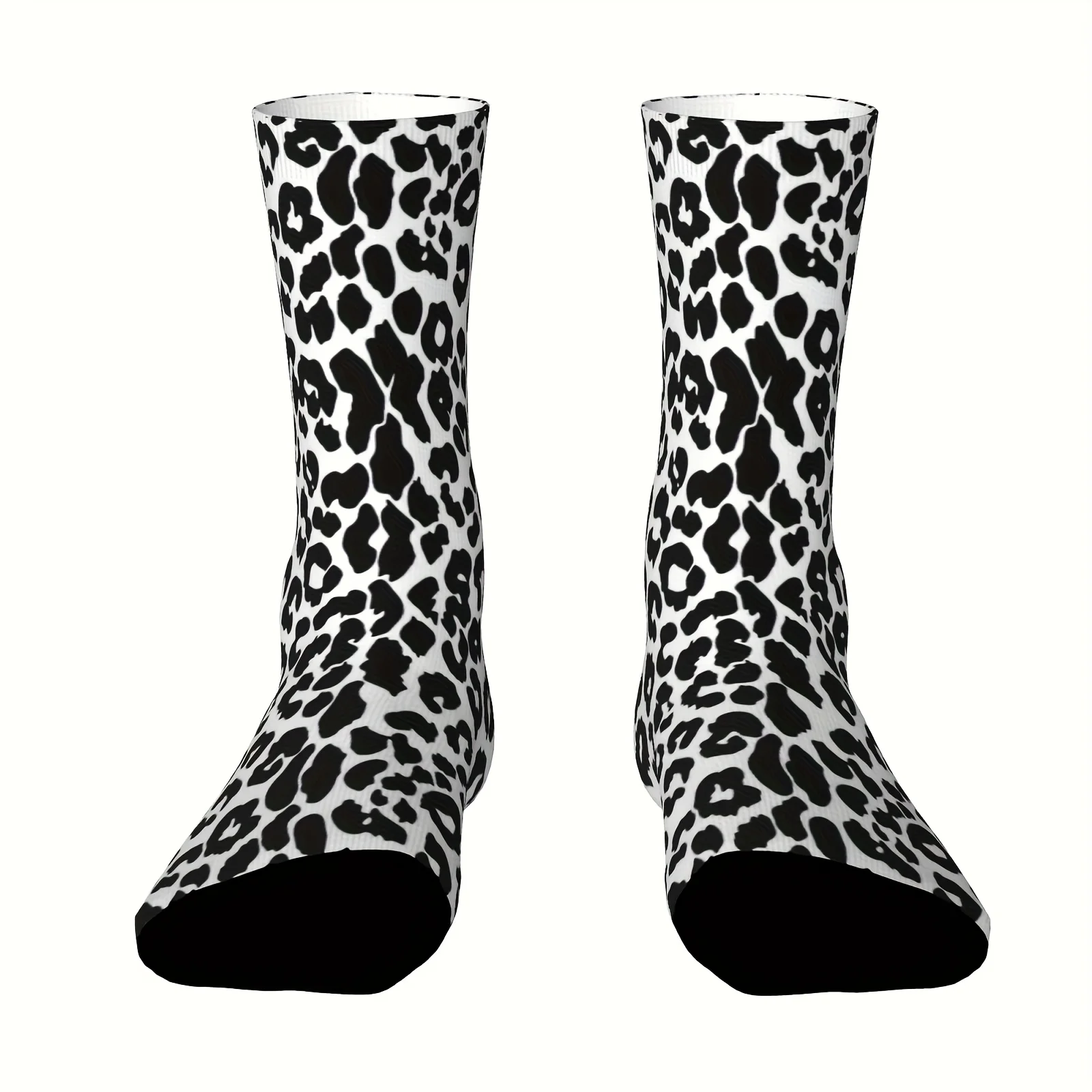 Unisex Leopard Print Mid-Calf Socks Outdoor Casual Socks for Men and Women Black White Design Perfect for Fall Winter