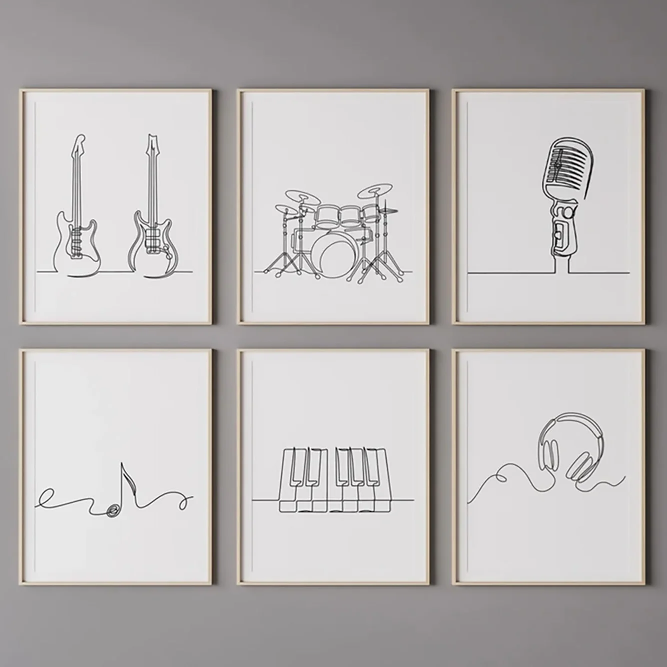 Nordic Black White Music Line Drawing Piano Key Guitar Drum Poster Canvas Painting Wall Art Pictures Home Nursery Decor