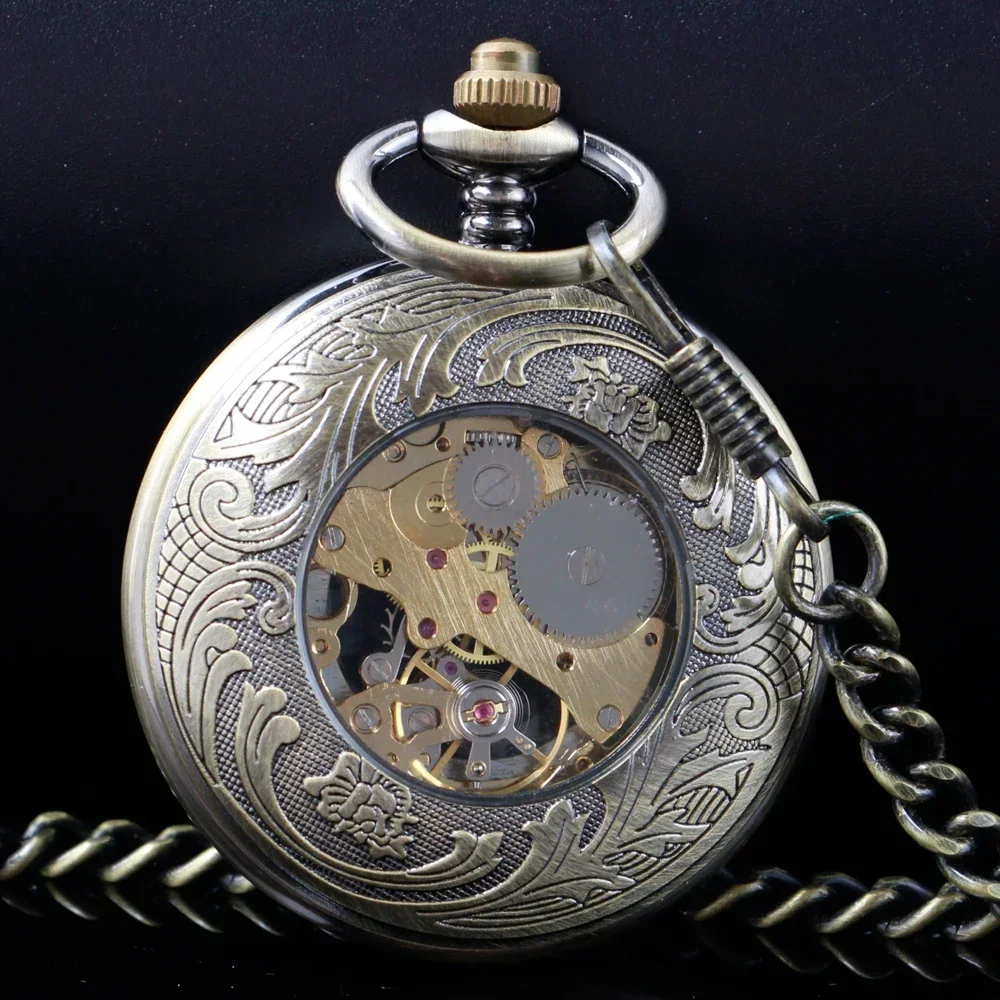 New Mechanical Pocket Watch Men Roman Numerals Display Steampunk Bronze Vintage Fob Chain Pendant Women Men Timepiece PJX1654