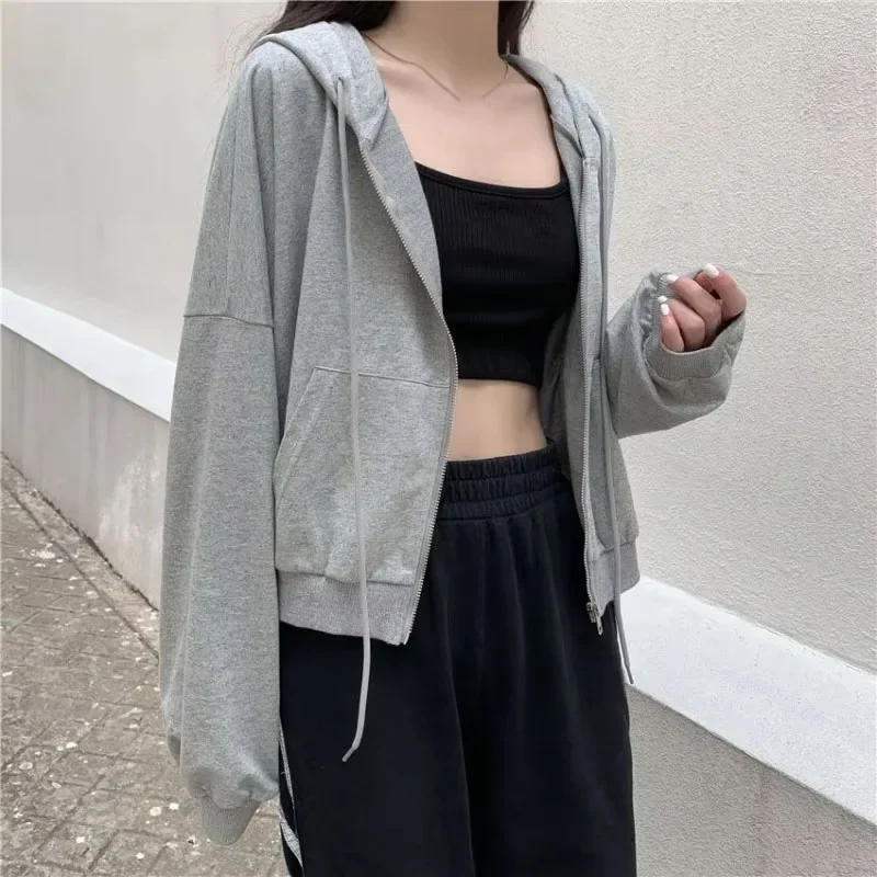 

Женские топы с капюшоном на полной молнии, укороченные винтажные толстовки Y2k, Harajuku, модные толстовки Kpop 90-х годов, женская толстовка на молнии