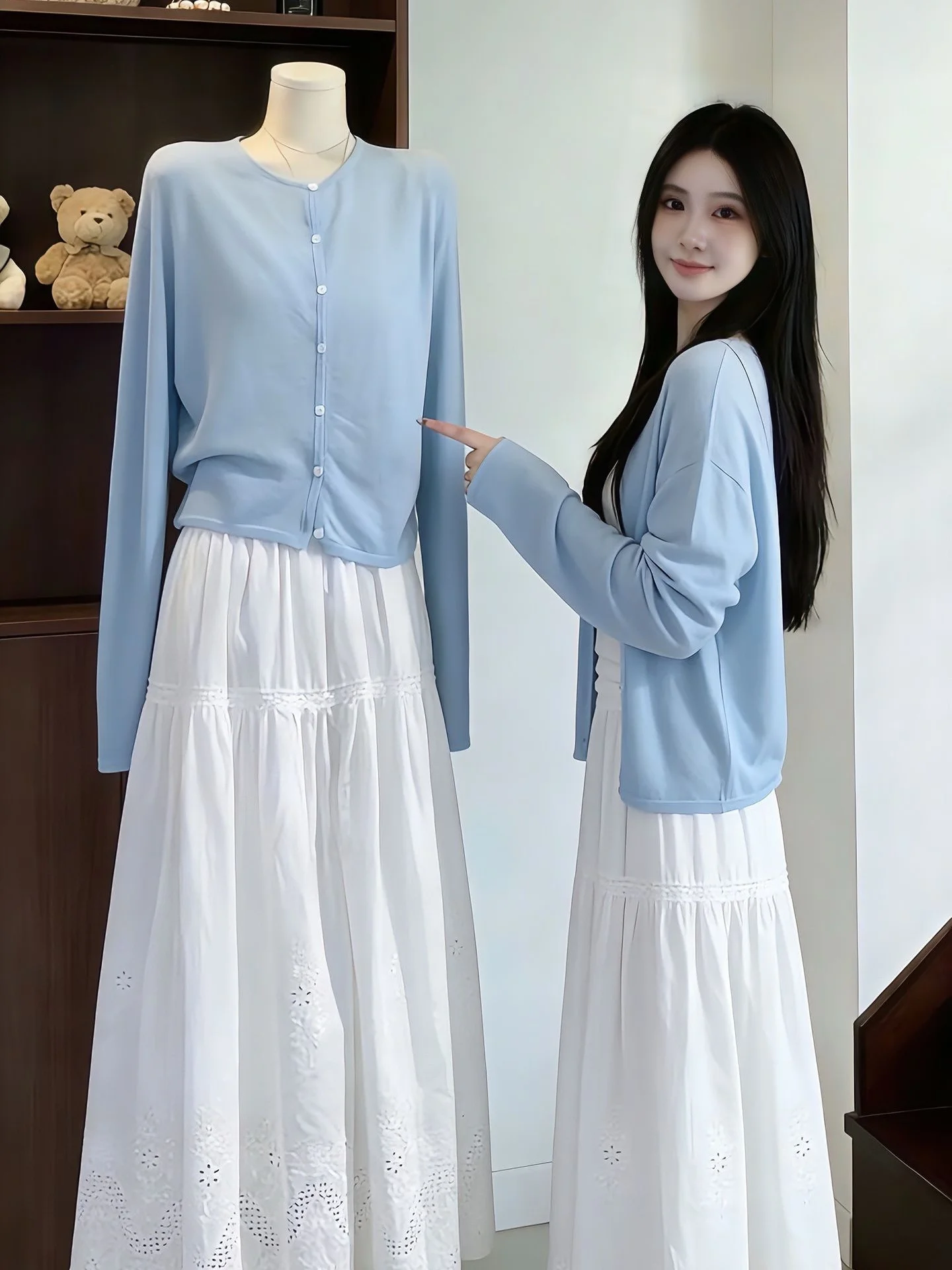 

Korean Style Blue Long Sleeve Knitted Open Cardigan High Waist White Lace Cake Skirt Fashion Casual Women's Set