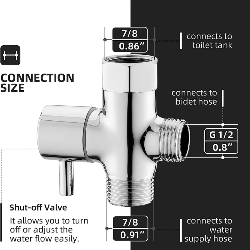 Bidet T Adapter, Brass T Adapter with Shut-Off Valve 3-Way Tee Connector 7/8In x 7/8In x G1/2 for Toilet Bidet Sprayer